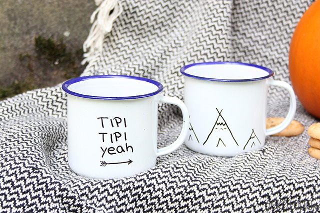 DIY Idee: Emailleta ssen mit Schrift und Tipis bemalt