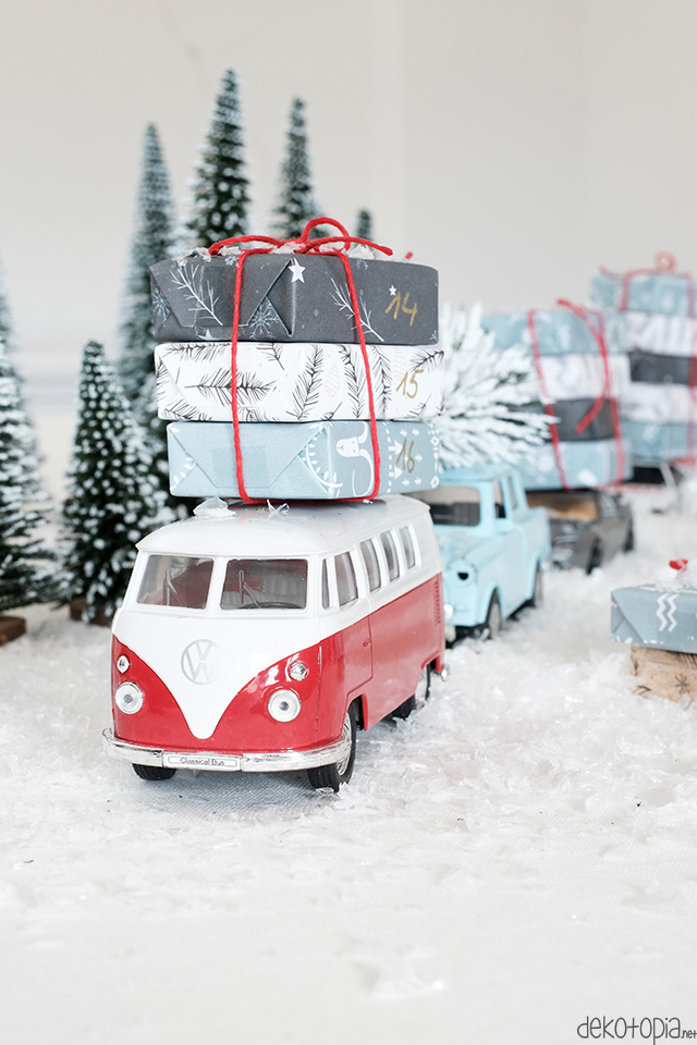 DIY Anleitung: Adventskalender aus Spielzeugautos selber machen